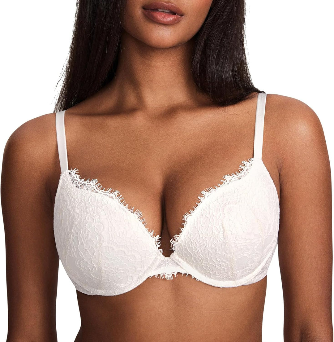 DOBREVA Damen Push Up BH mit Blumen Wimpern Spitze Sexy Bügel BHS Gepolstert 70D Kokosnuss Weiss, 70