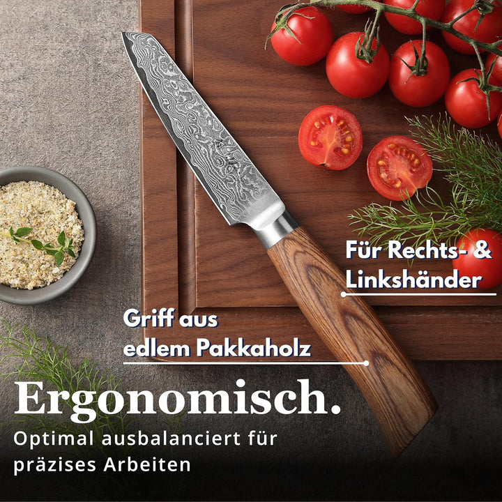 Wakoli EDIB Pro Gemüsemesser aus Damaststahl (VG10 Kern) mit 10 cm Schälmesser Klinge – scharf & erg
