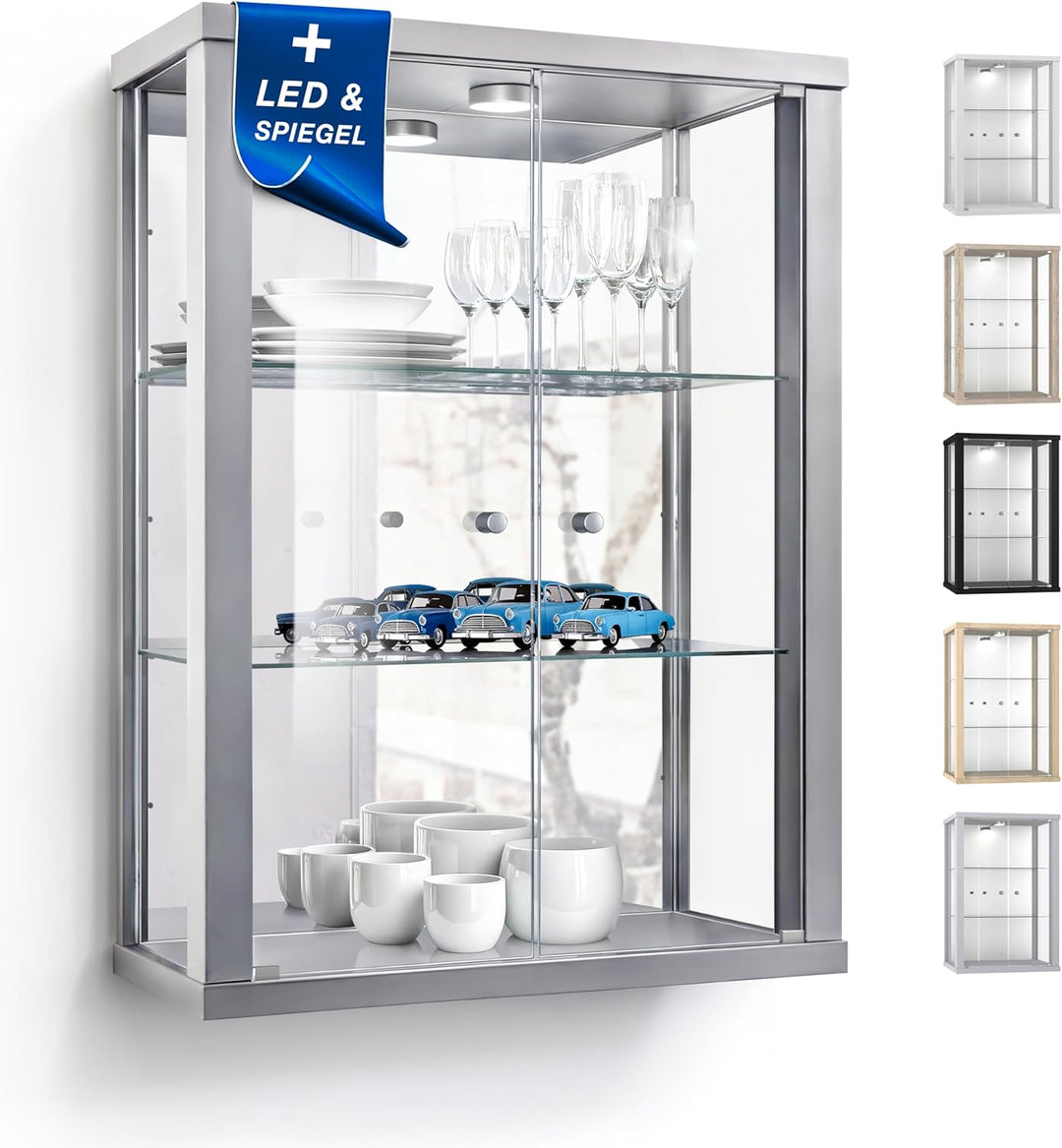 K-Möbel Hängevitrine in Alu/Silber (80x60x25 cm) mit 2 höhenverstellbaren Glasböden, Spiegel & LED -