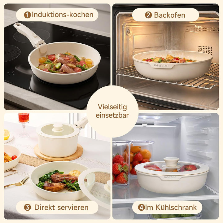 JEETEE Topfset Pfannenset mit abnehmbarem Griff 20-Teilig, Antihaft Topfset Induktion mit Lid, Stape