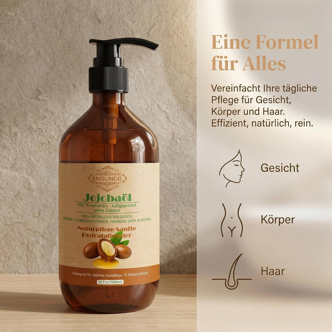Jojobaöl, 1000 ml, 100% Naturrein &amp; Kaltgepresst, ohne Zusätze, für Haut-, Haar- &amp; Nagelpflege, mit