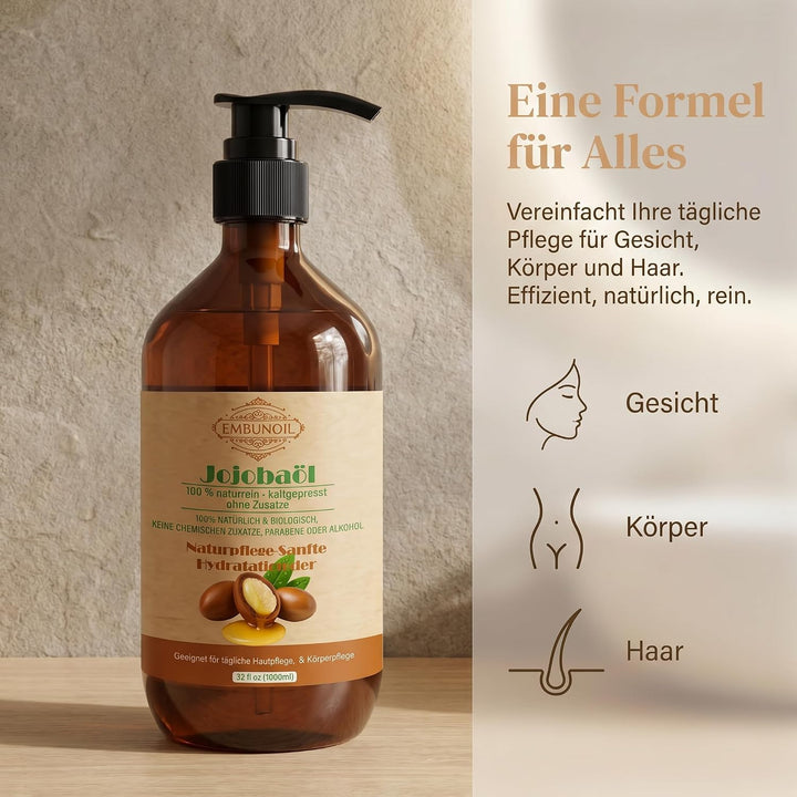 Jojobaöl, 1000 ml, 100% Naturrein &amp; Kaltgepresst, ohne Zusätze, für Haut-, Haar- &amp; Nagelpflege, mit