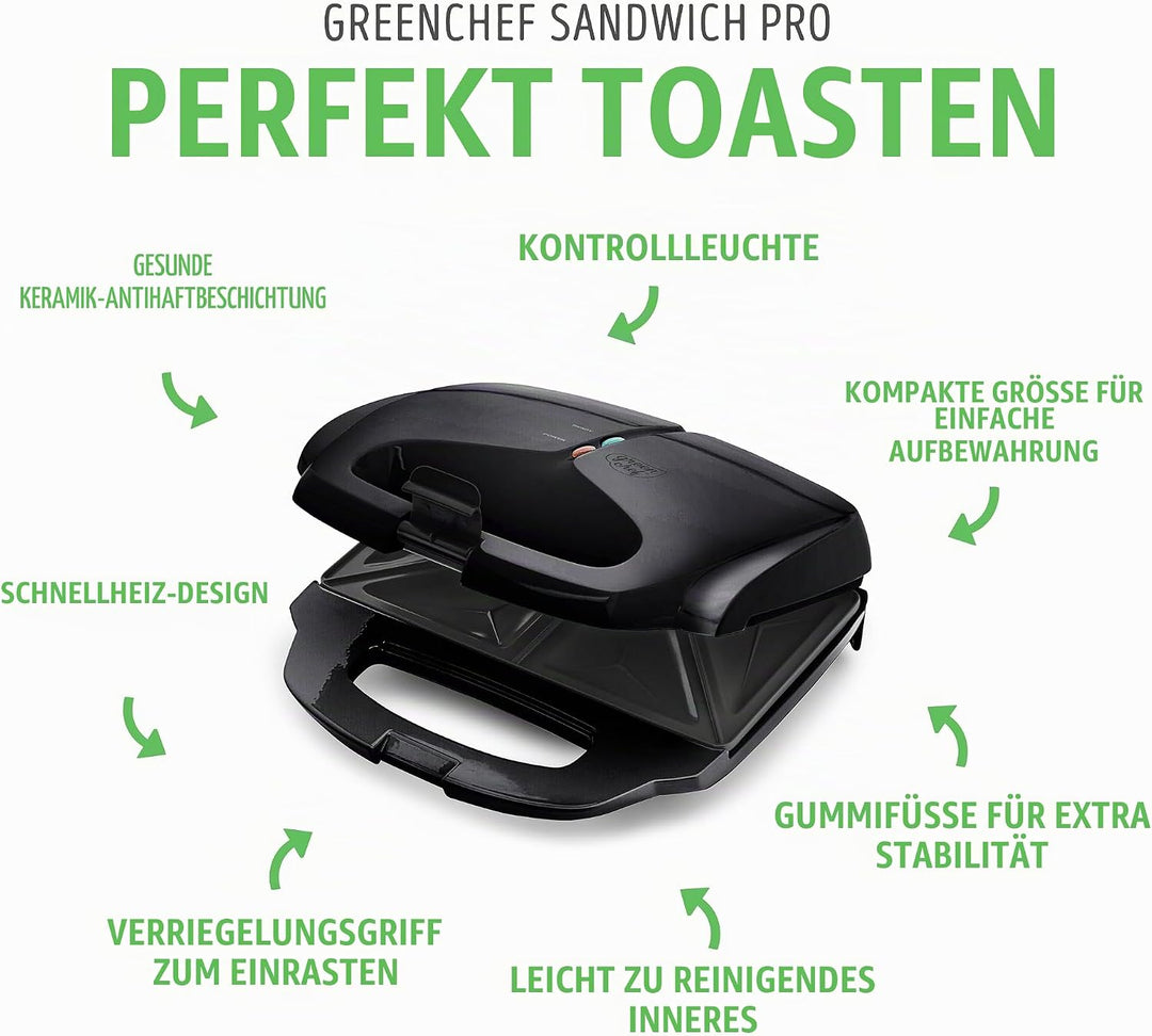 GreenChef Electric Sandwichmaker, PFAS-freie Gesunde Keramik-Antihaft, Panini, Sandwichtoasts, Grill