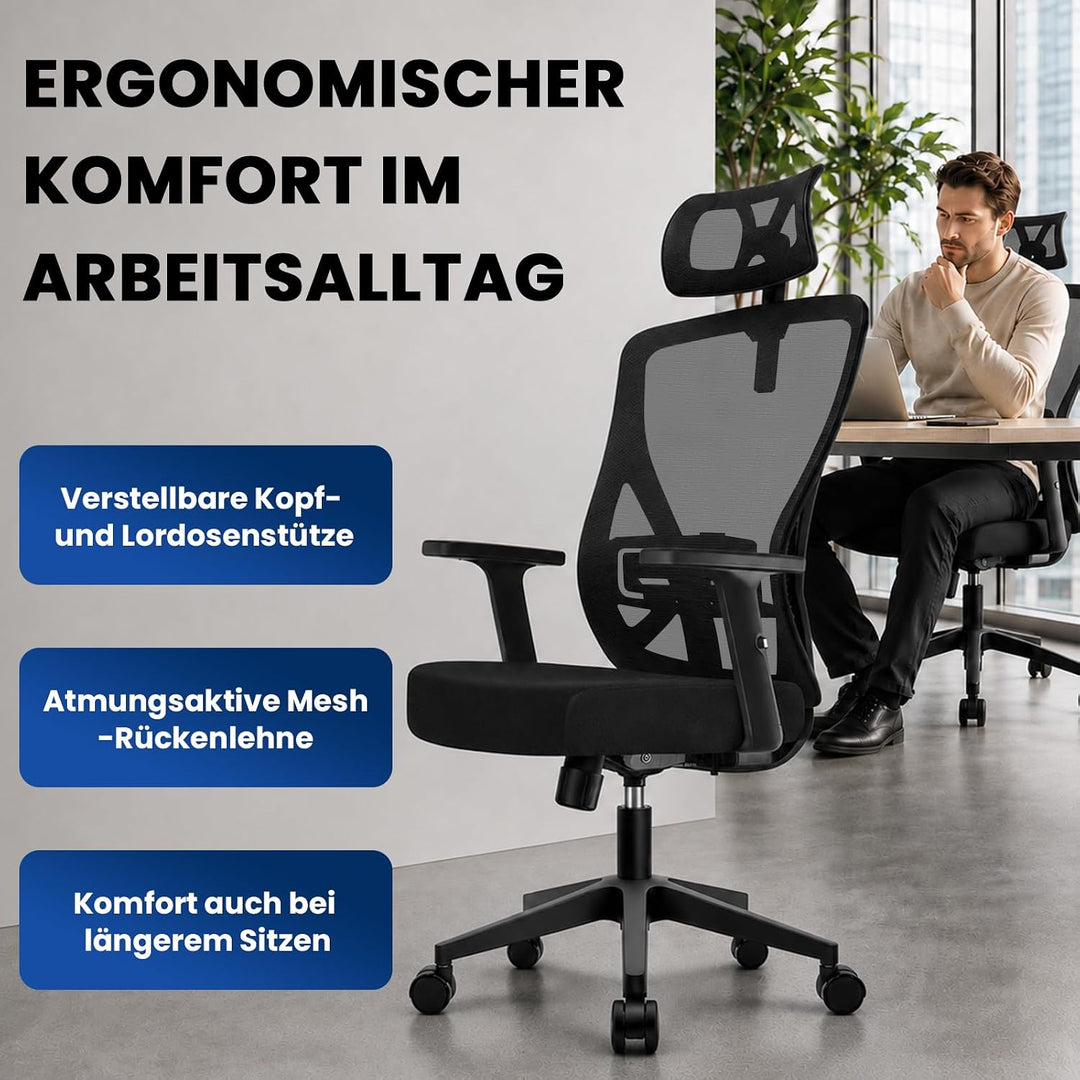 Bürostuhl Ergonomisch, Schreibtischstuhl mit Kopfstütze, Lordosenstütze und Höhenverstellbaren Armle