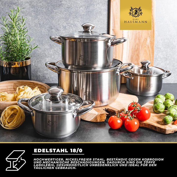 Topfset Induktion Edelstahl 4-Teilig - Kochtöpfe für Alle Herdarten - Kochtopf Set mit Glasdeckel -
