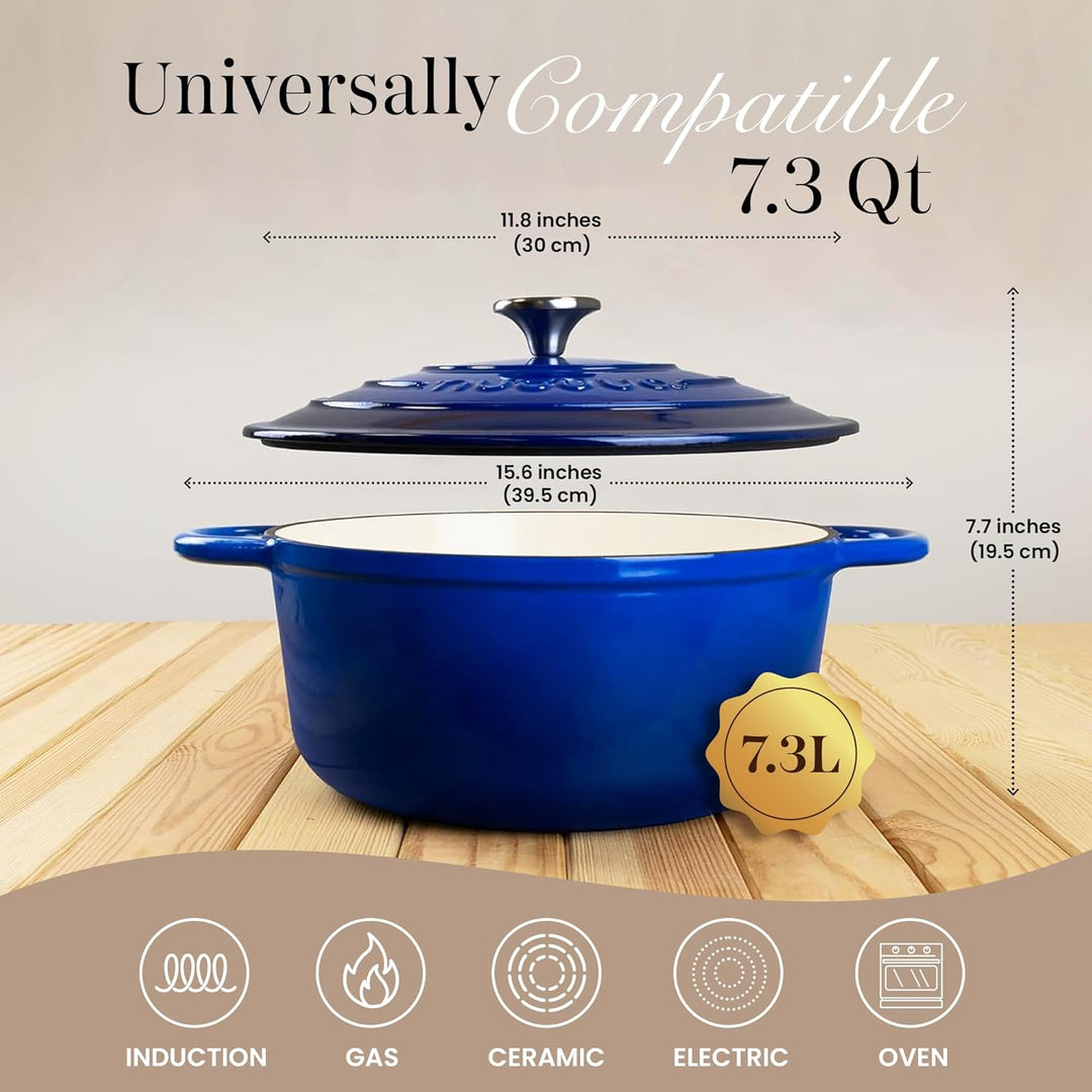 Gusseisen Dutch Oven mit Deckel – Emaille-Schmortopf mit Antihaft, Ofenfest – Dunkelblau, 6.9 Liter,