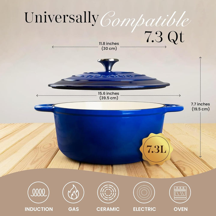 Gusseisen Dutch Oven mit Deckel – Emaille-Schmortopf mit Antihaft, Ofenfest – Dunkelblau, 6.9 Liter,