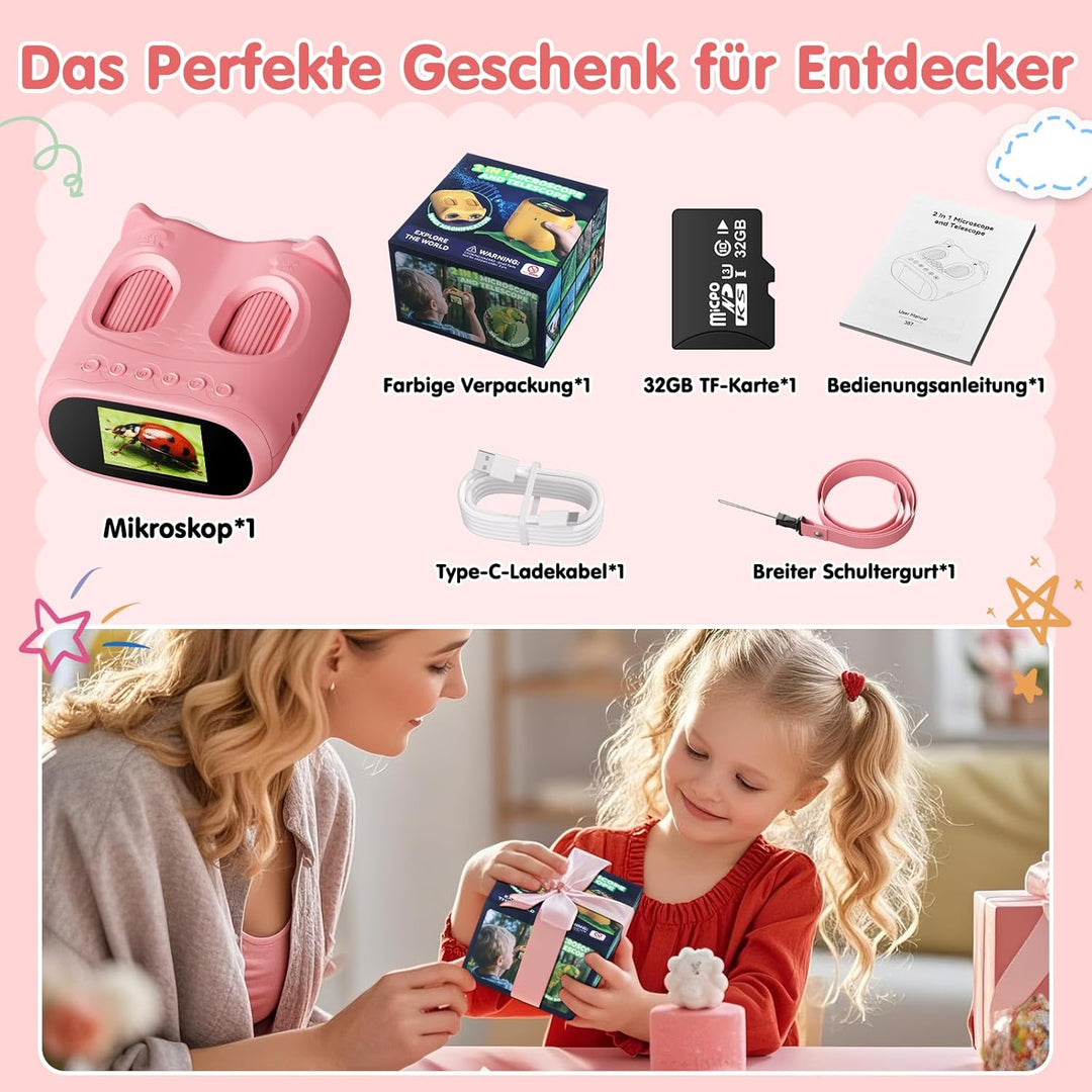 2-in-1 Digitales Mikroskop für Kinder und Teleskop, Tragbares Taschenmikroskop mit 32GB Speicherkart