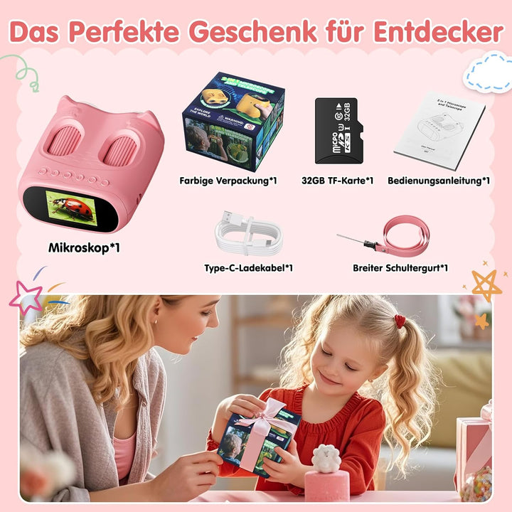 2-in-1 Digitales Mikroskop für Kinder und Teleskop, Tragbares Taschenmikroskop mit 32GB Speicherkart