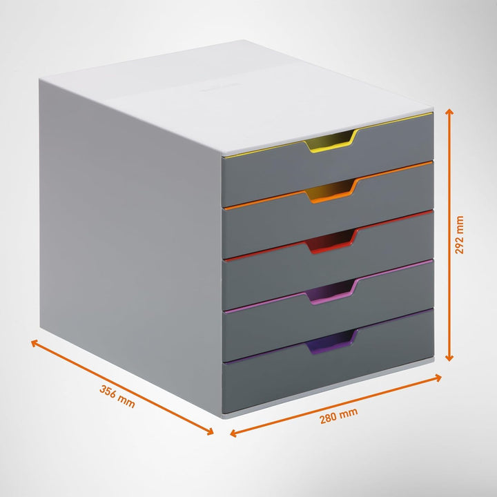 Durable Schubladenbox A4 (Varicolor) Ablagebox 5 Fächer, Ablagebox A4 mit Etiketten zur Beschriftung