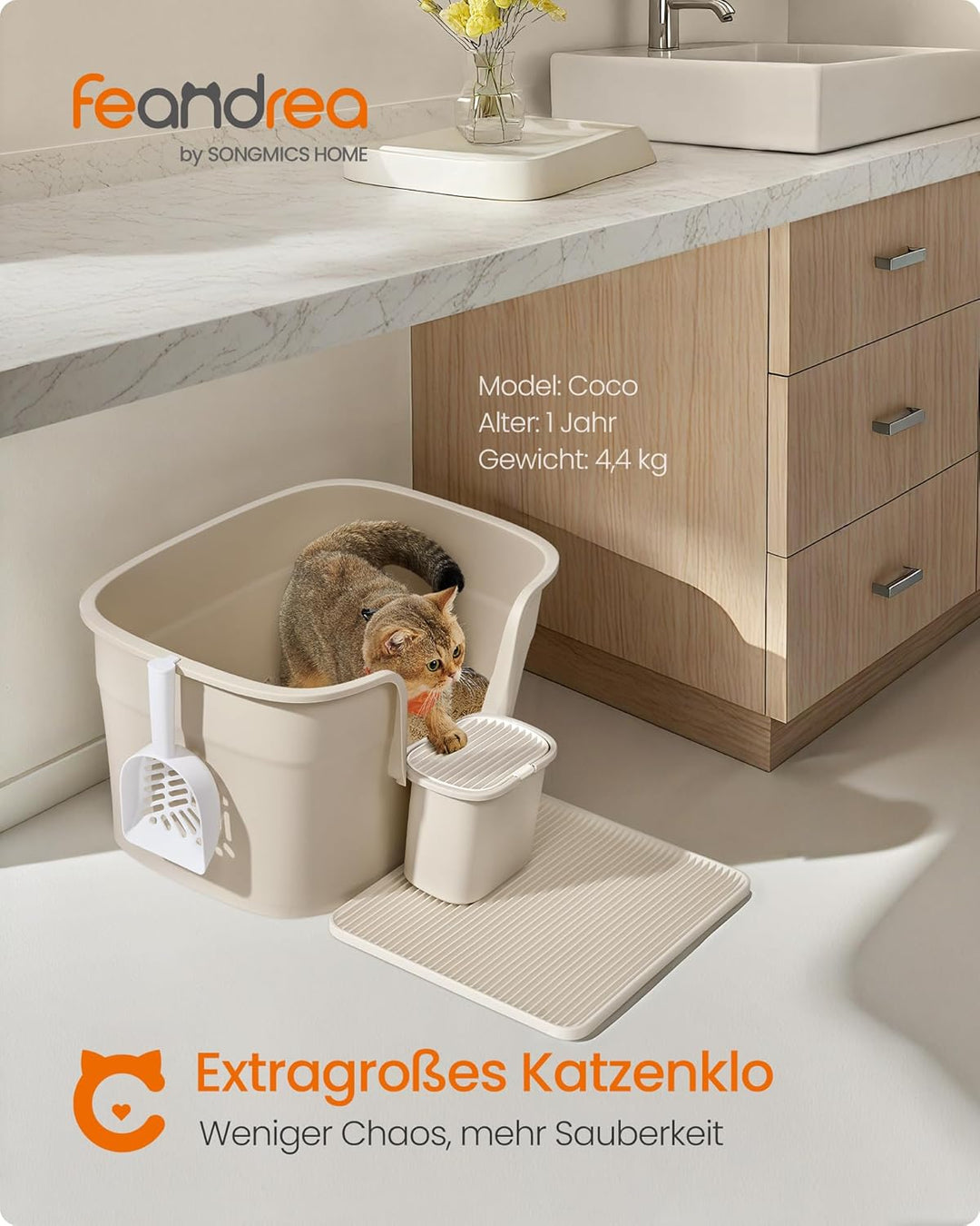 Feandrea Katzenklo, extragrosse Katzentoilette, mit hohen Seitenwänden, Katzenstreumatte, Aufbewahru