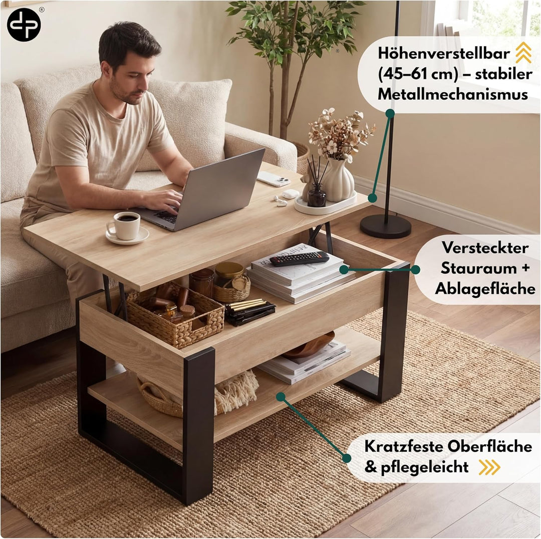 defiPad Couchtisch Höhenverstellbar mit Stauraum, Wohnzimmertisch Sonoma Eiche-Schwarz mit Liftfunkt
