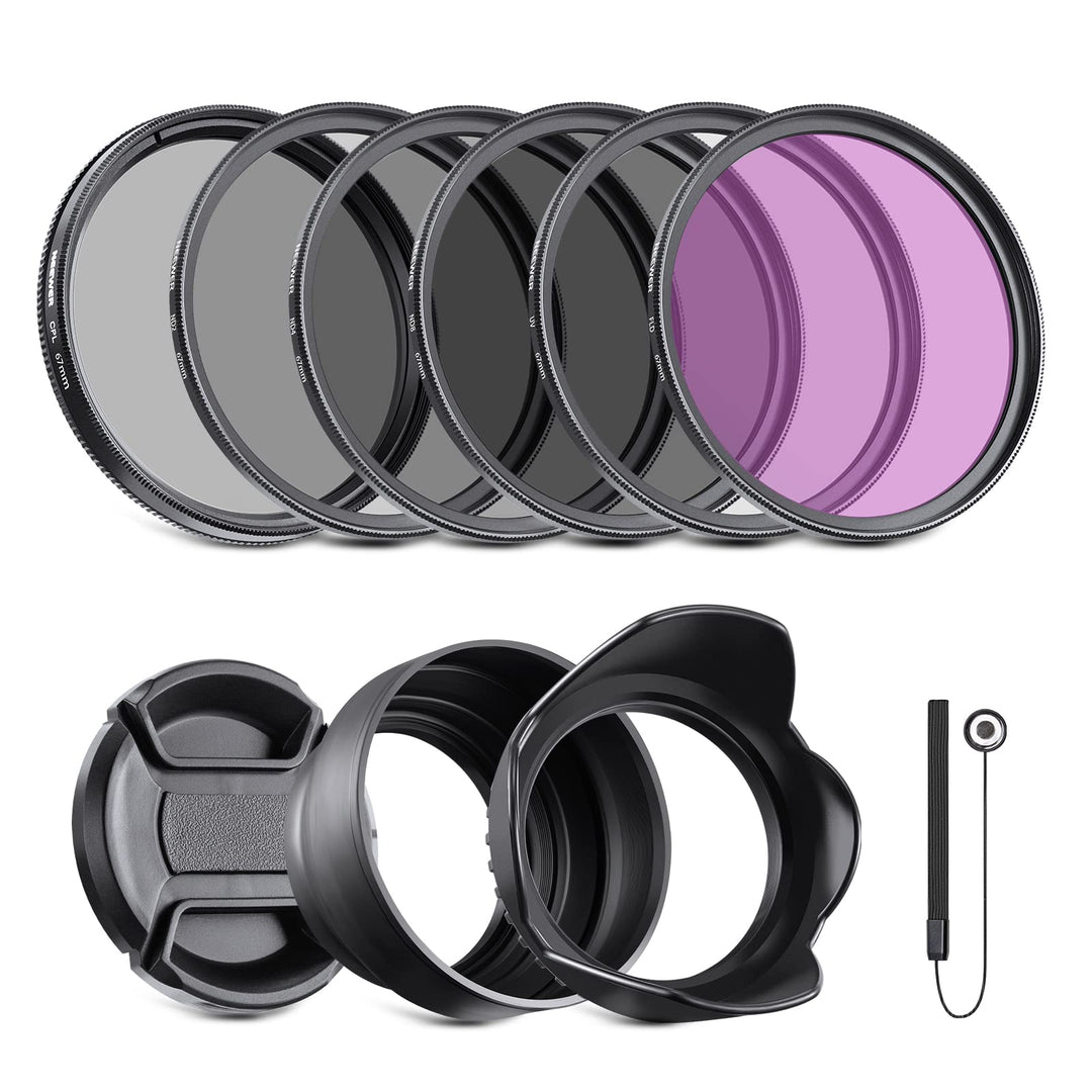 NEEWER Objektiv Filter Set 67mm UV CPL und ND Filters(ND2, ND4, ND8) FLD Filter, Tulpenförmiger Blen