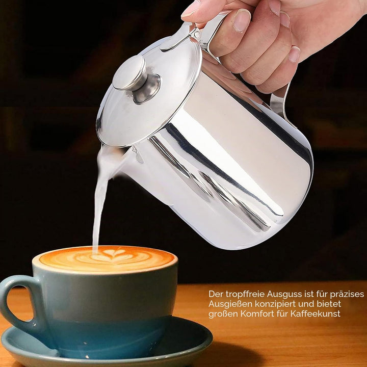 MAGT Milchkännchen mit Deckel, Edelstahl Milchkanne 600ml Kaffeekanne Edelstahl Milchschaumkännchen