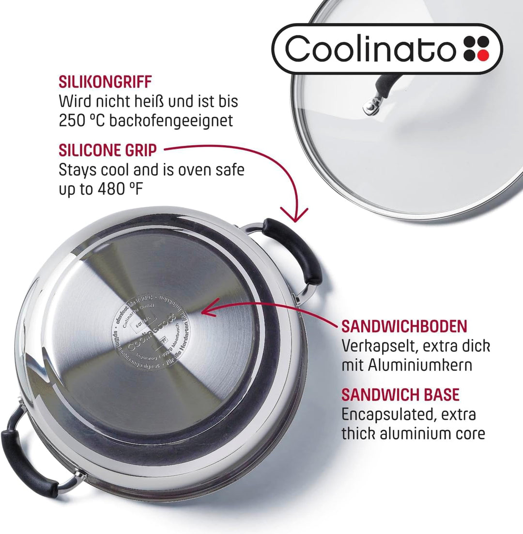 Coolinato - Edelstahl Schmortopf 24 cm mit Silikongriffen & Glasdeckel – Schmorpfanne mit 3,8 l Volu