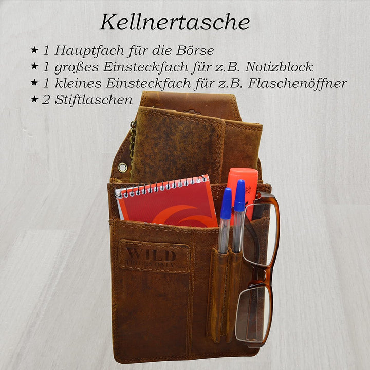 flevado Kellner Wild Leder Set Geldbörse und Kellnertasche Gastro Set Unisex Braun Stufenbörse