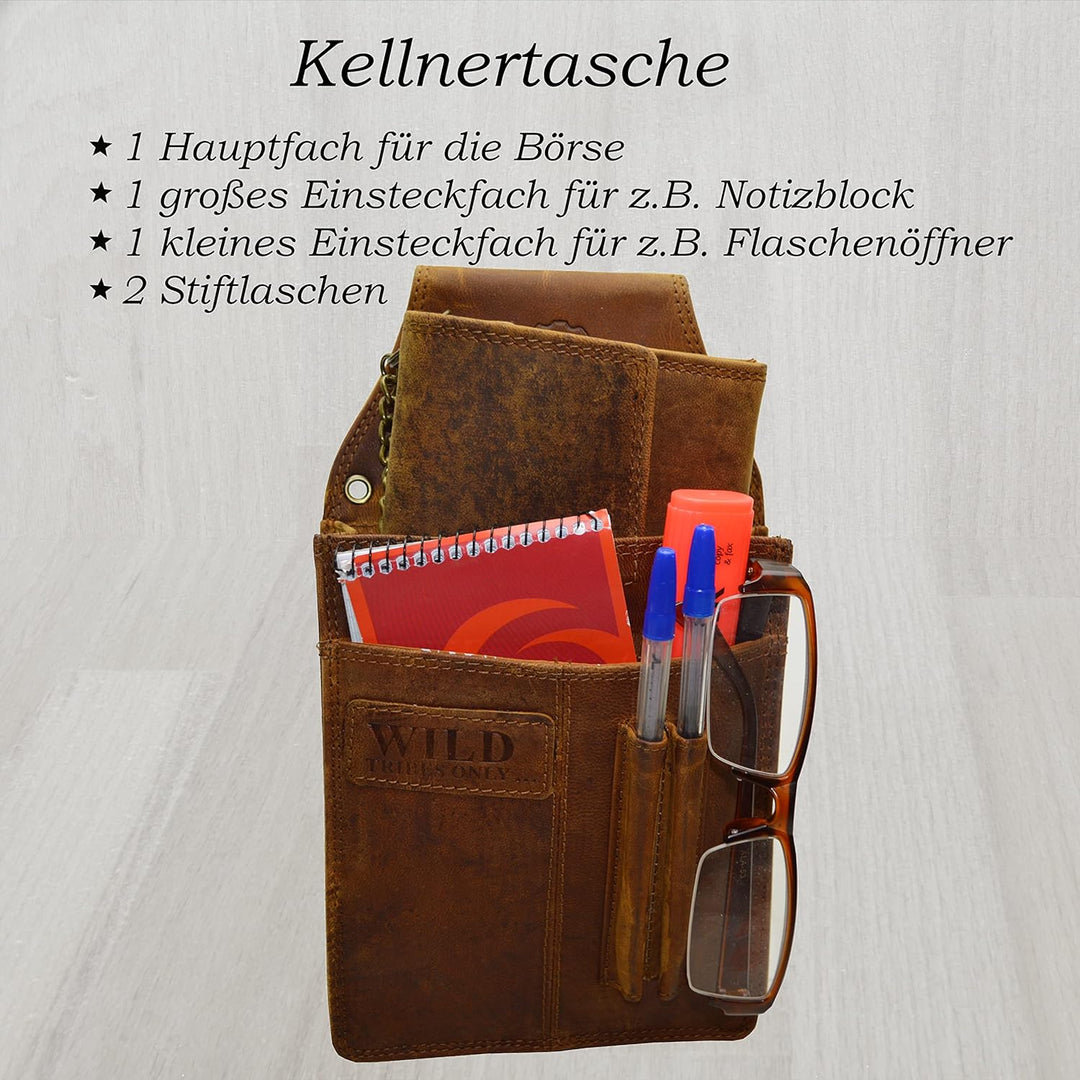 flevado Kellner Wild Leder Set Geldbörse und Kellnertasche Gastro Set Unisex Braun Stufenbörse