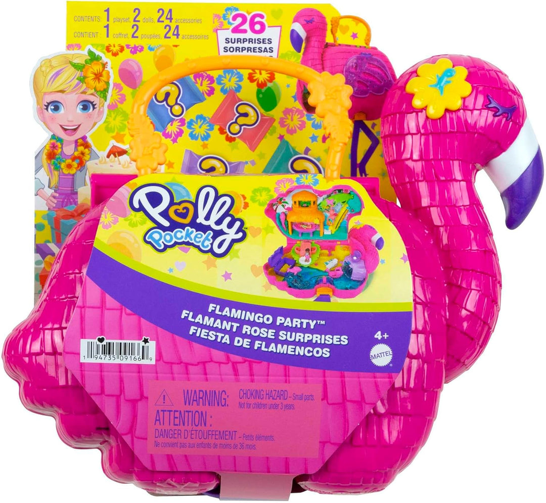 Polly Pocket HJN76 - Flamingo-Party, grosses Spielset mit 26 Überraschungen, Pop + Swap-Funktion, Tr