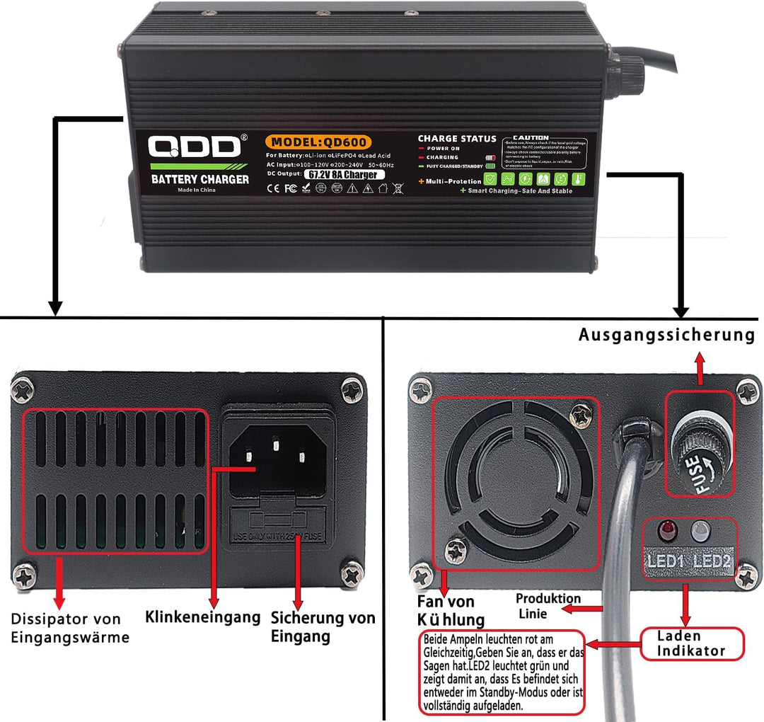 QDD 67,2 V 8 A Li-Ionen-Akku-Smart-Ladegerät, vollständig mit Lüfter, verwendet für 16S 60 V Li-Ione