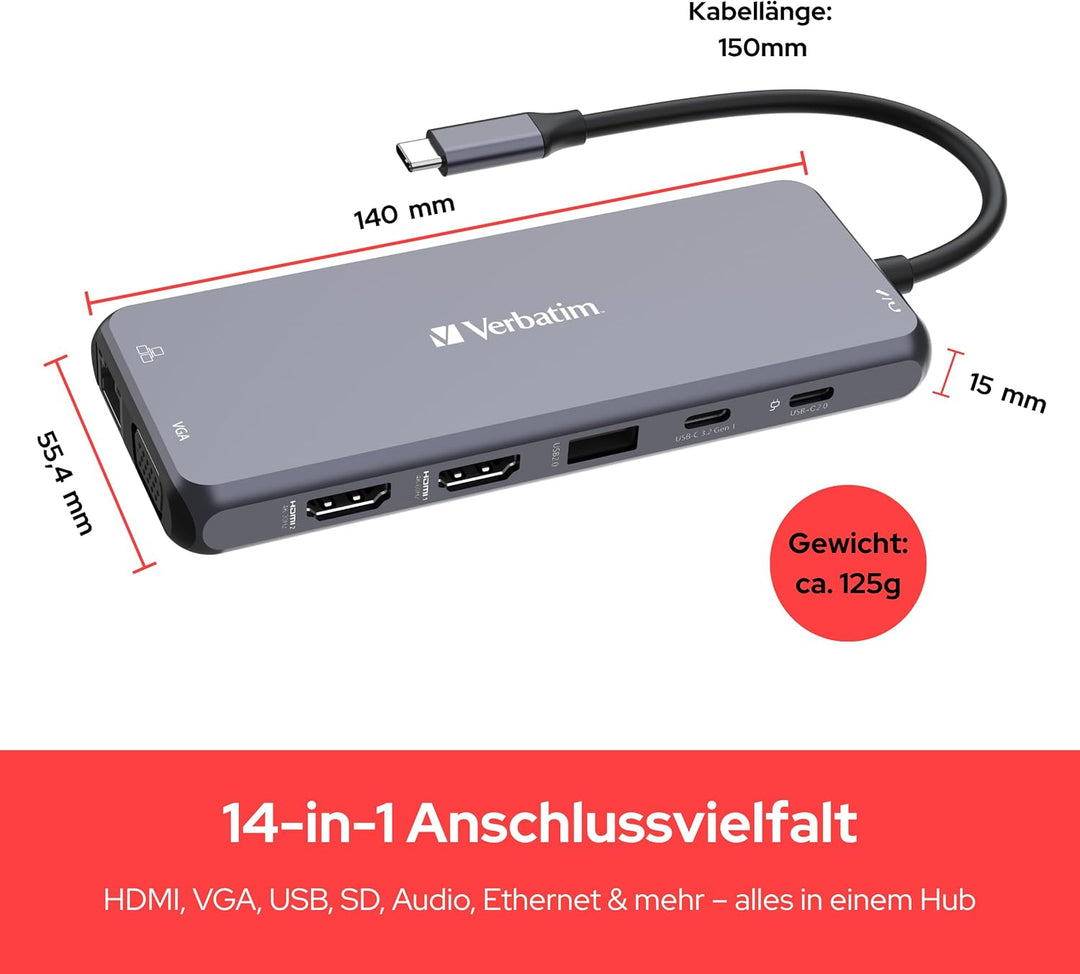 Verbatim USB C Hub 14-in-1, Multiport Adapter USB-C auf HDMI, VGA, RJ45, USBA-A und USB-C PD, mit SD