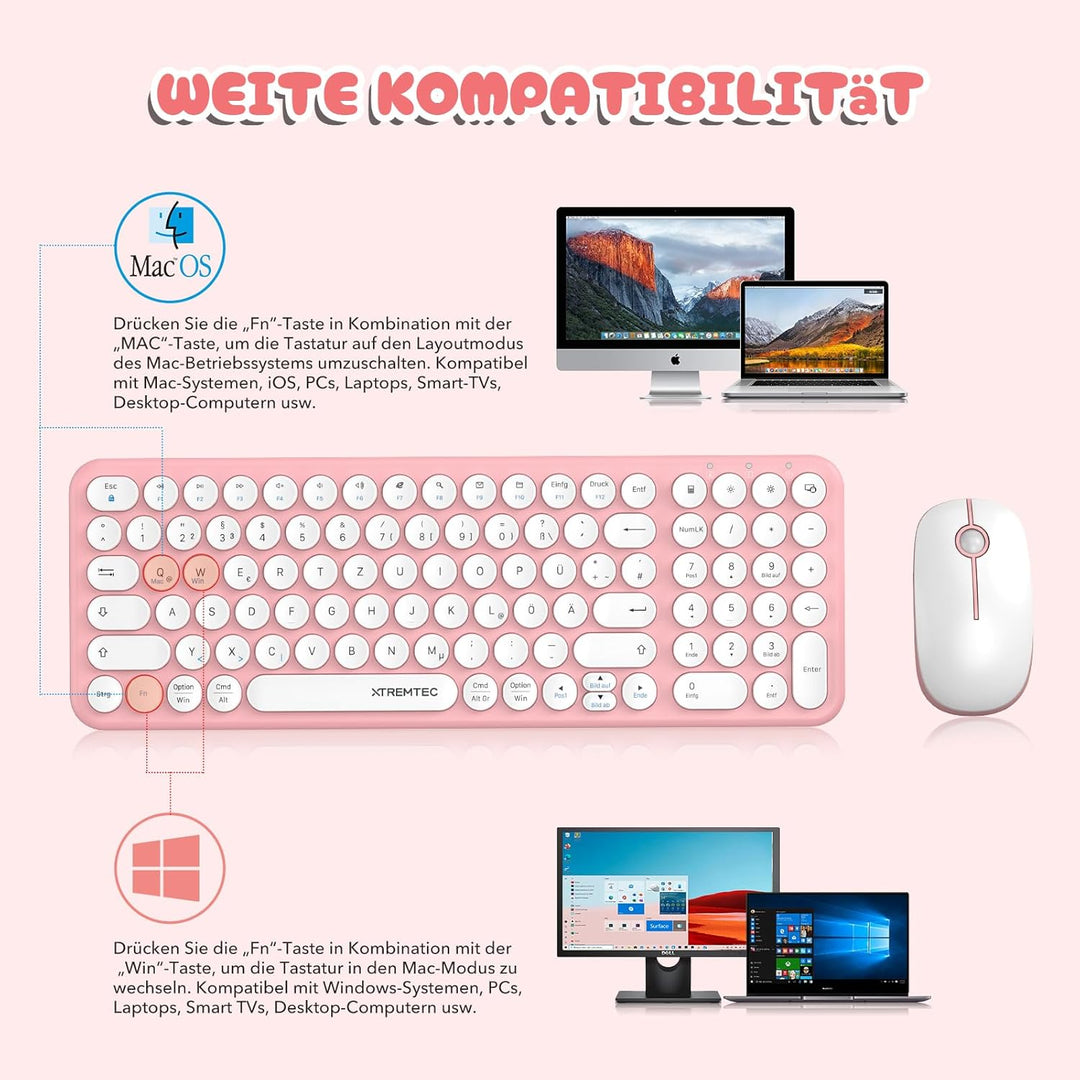 XTREMTEC kabellose Tastatur und Maus,Retro runde Schreibmaschine Tastatur,Slim Funktastatur leise Se