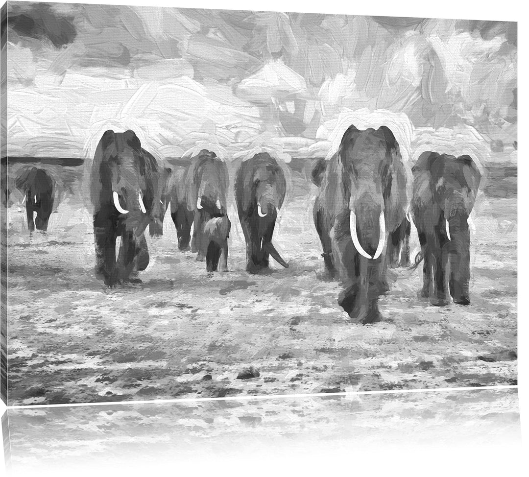 Pixxprint Elefanten Familie in der Savanne als Leinwandbild/Grösse: 100x70 cm/Wandbild/Kunstdruck/fe