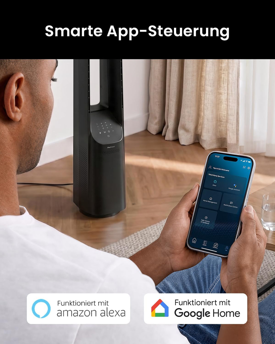Pro Breeze 101cm rotorloser Ventilator - Smart Home Ventilator mit WLAN, Fernbedienung, LED Display,