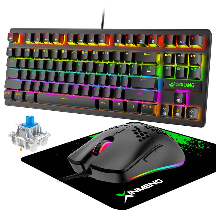 Kabelgebundenes mechanisches TKL-Gaming-Tastatur- und -Maus-Set mit 87 Tasten 3-in-1, mehrere RGB-LE