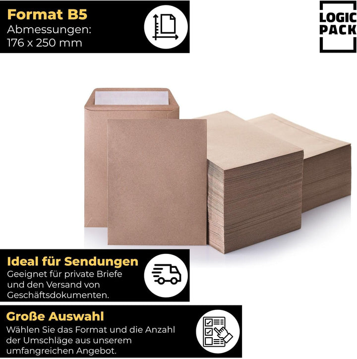 1000 Versandtaschen B5 Braun (176x250mm) 80g/m² Briefumschläge Grossbrief dla A5 Dokumente, Kuverts