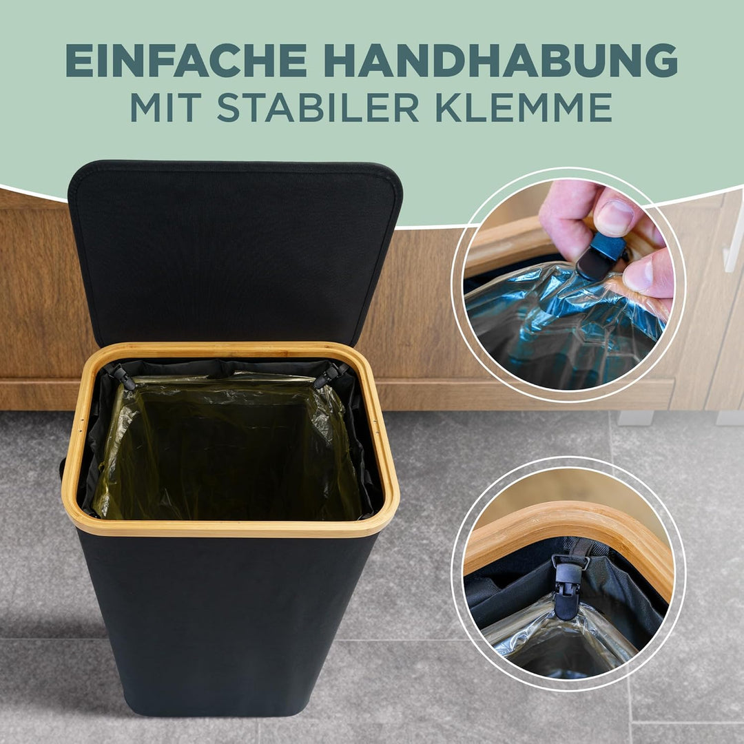 Müllsackhalter 90 Liter, moderner Stoff mit Bambusrahmen, Müllsackständer 90L, Mülleimer Mülltone ge