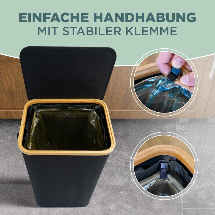 Müllsackhalter 90 Liter, moderner Stoff mit Bambusrahmen, Müllsackständer 90L, Mülleimer Mülltone ge