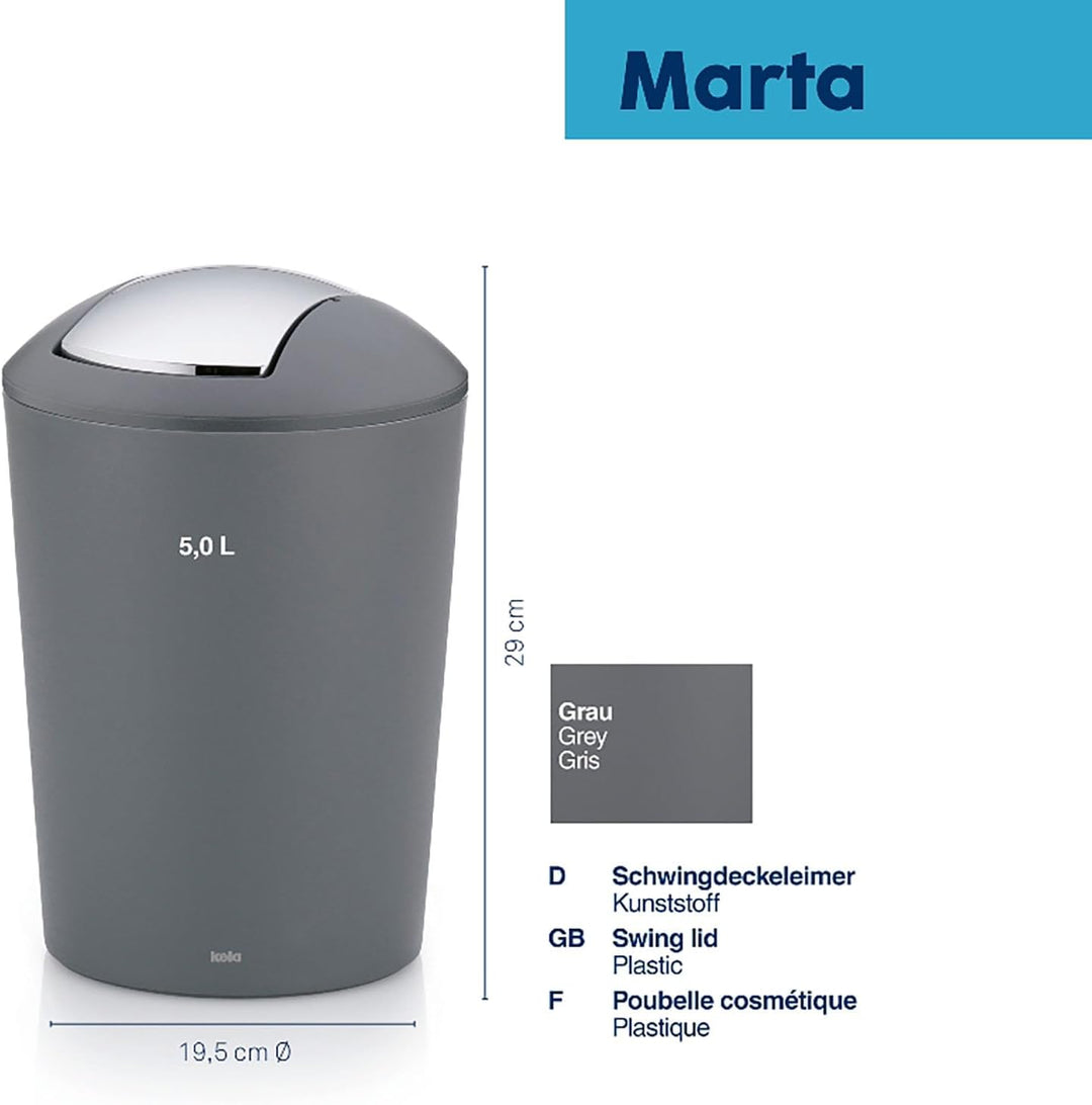kela Schwingdeckeleimer grau, Kosmetikeimer 5l mit Schwingdeckel, Kunststoff, MARTA, Mülleimer Badez