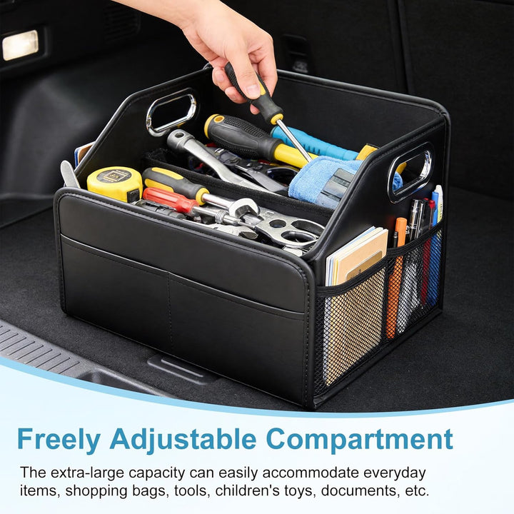 Kofferraum Organizer, Faltbar Auto Organizer mit Metallgriffen, Leder Kofferraumtasche mit Abnehmbar