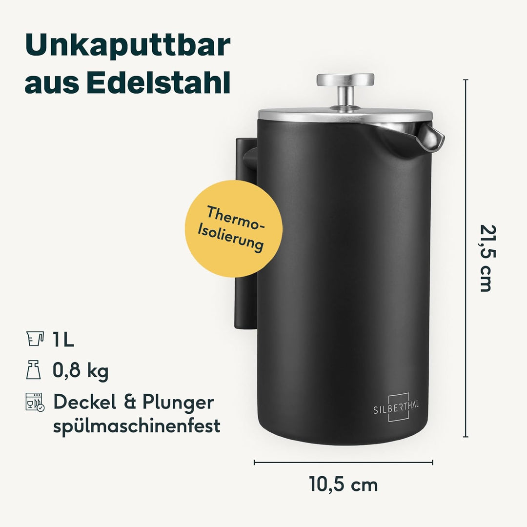 SILBERTHAL French Press Kaffeebereiter 1 Liter - Edelstahl - Doppelwandig Isolierte Kaffeepresse - f