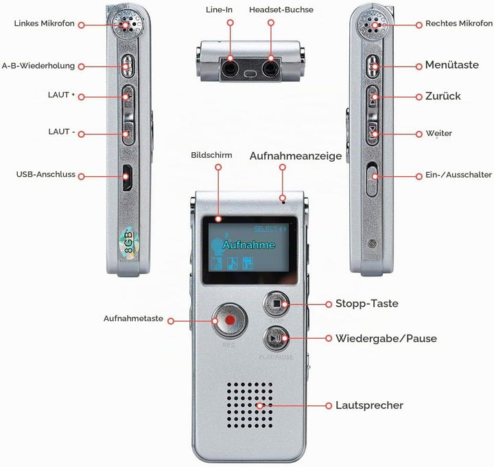 Digitales Diktiergerät,COVVY 8GB Audio Aufnahmegerät,Digitaler Voice Recorder mit Spracherkennung fü