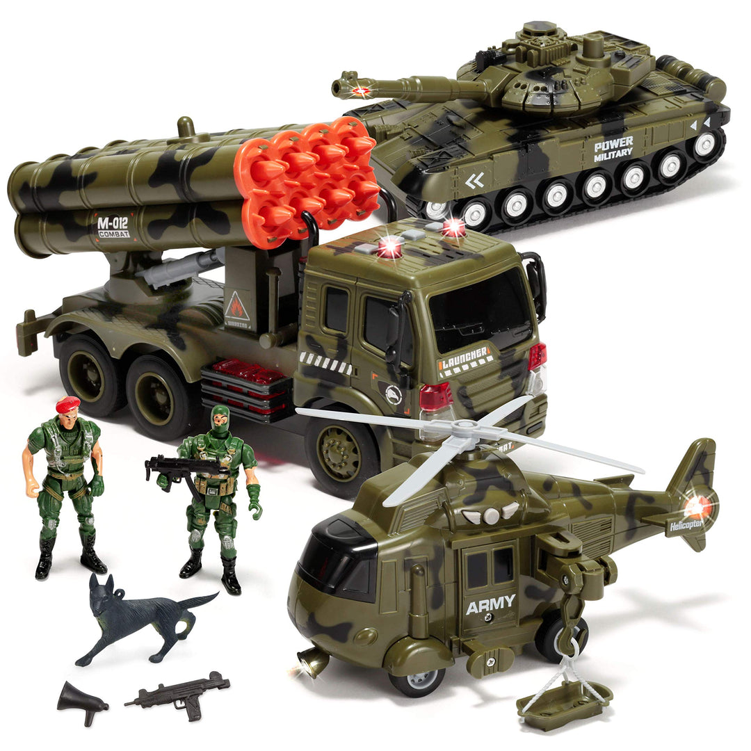JOYIN 3 in 1 Reibungsbetriebenes Sirenen-Militärfahrzeugspielzeug mit Actionfiguren, einschliesslich