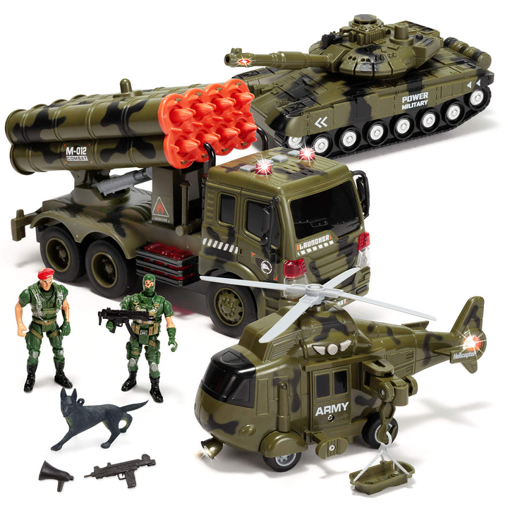 JOYIN 3 in 1 Reibungsbetriebenes Sirenen-Militärfahrzeugspielzeug mit Actionfiguren, einschliesslich