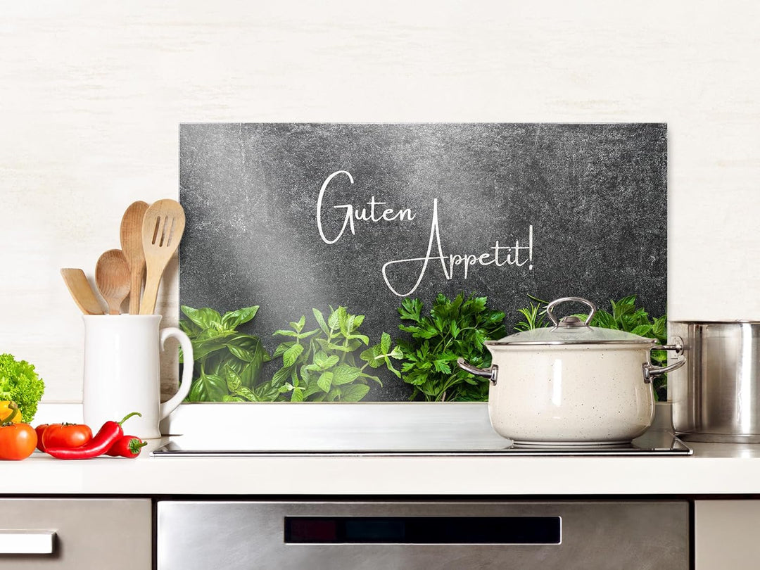 GRAZDesign Spritzschutz Küchenrückwand Glas Küche für Herd &amp; Küchenspüle, Kräuter Guten Appetit Glas