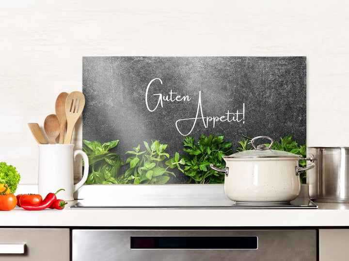 GRAZDesign Spritzschutz Küchenrückwand Glas Küche für Herd &amp; Küchenspüle, Kräuter Guten Appetit Glas