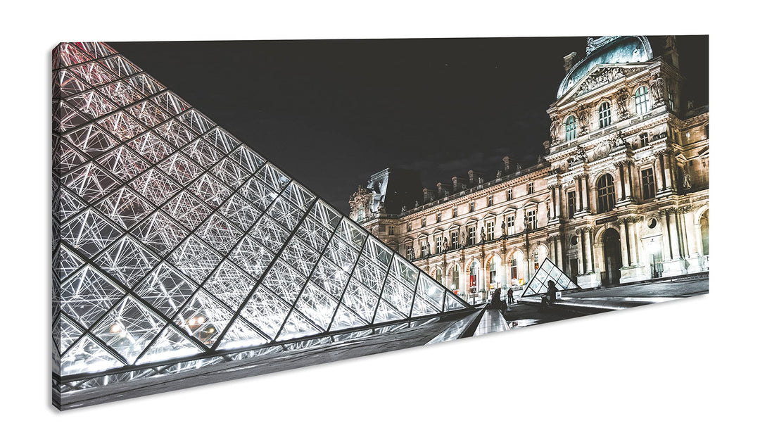 Pariser Louvre bei Nacht Panorama 80x40 cm als Leinwandbild, Motiv fertig gerahmt auf Echtholzrahmen