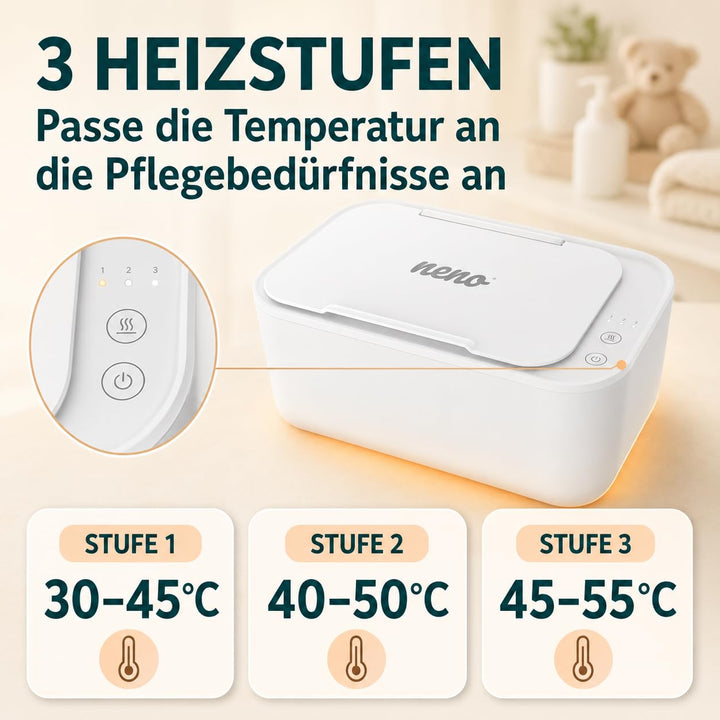 NENO Calor - Feuchttücher Baby Box Wärmer - Beheizte Feuchttücherbox - Feuchte Tücher 3 Heizstufen -
