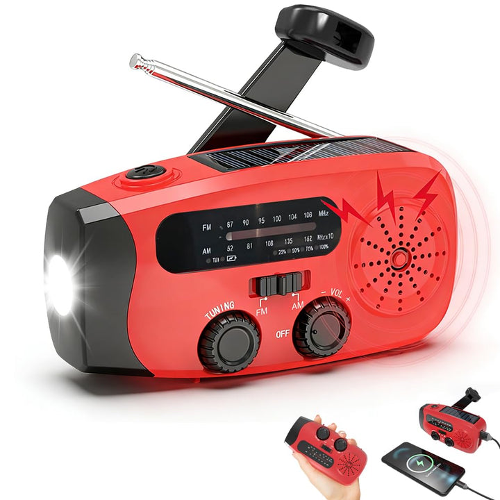 Notfallradio mit Kurbel und Solar, Tragbares Kurbelradio mit LED-Taschenlampe, Aufziehbares Solar No