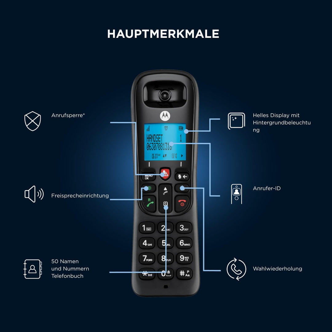 Motorola Cd4001 Negro Teléfono Fijo Inalámbrico Con Pantalla Y Teclado Retroiluminado