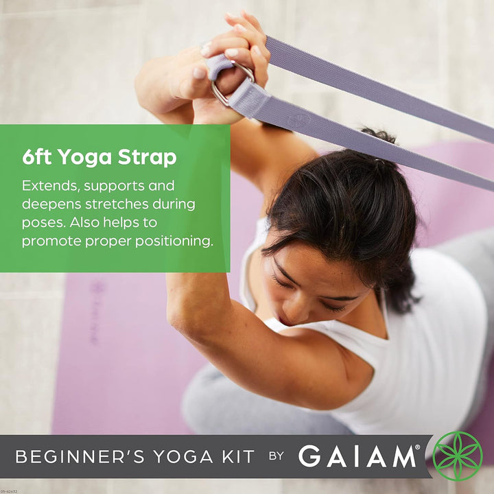 Gaiam Beginner's Yoga Starter Kit Set (Yoga Mat, Yoga Block, Yoga Strap) - Light 4mm Thick Printed N