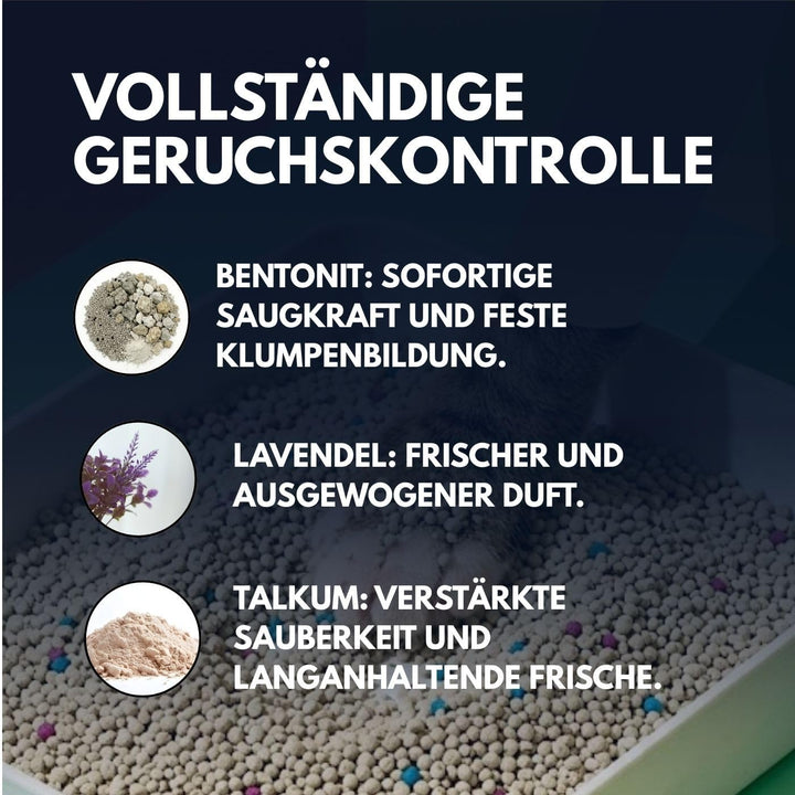 MOLY 2 x Bentonit-Katzenstreu mit Aktivkohle, 5,6 kg, 7,4 l, hohe Saugfähigkeit, mit Lavendel- und T