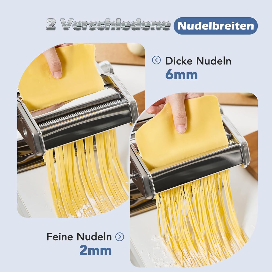 Pastamaschine aus Edelstahl, manuelle Nudelmaschine mit 9 Teigstärken & 2 Schnittbreiten für Spaghet