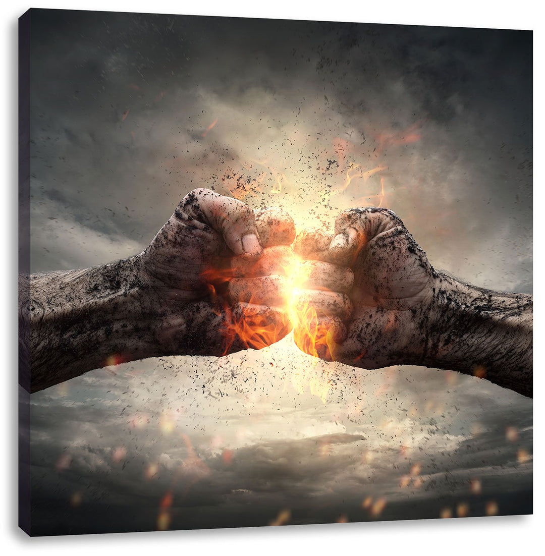 Pixxprint Fäuste treffen Sich mit Energie, Format: 70x70 auf Leinwand, 70x70