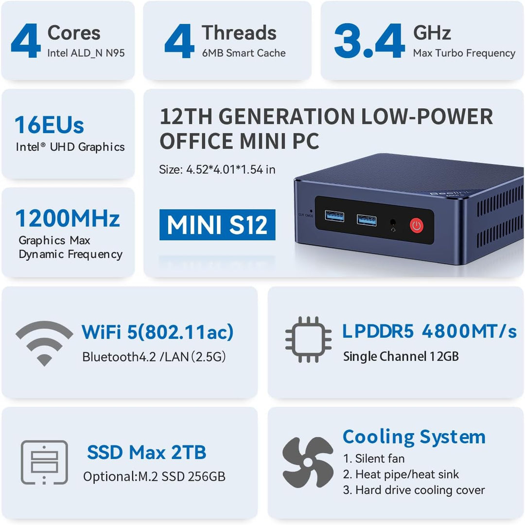 Beelink Mini PC, Intel 12th Gen Alder Lake- N95(bis zu 3.4GHz), 16GB DDR4 RAM 500GB SSD, Mini S12 De