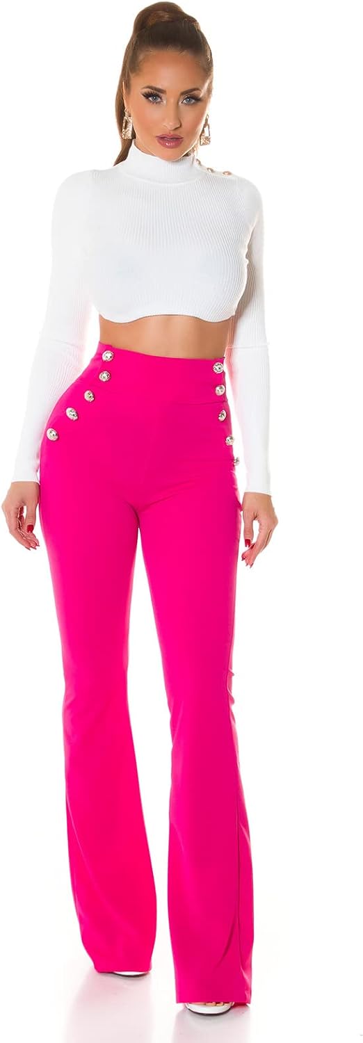 Koucla Stoff Business High Waist Schlag Hose mit Deko Knöpfe L Rosa, L Rosa