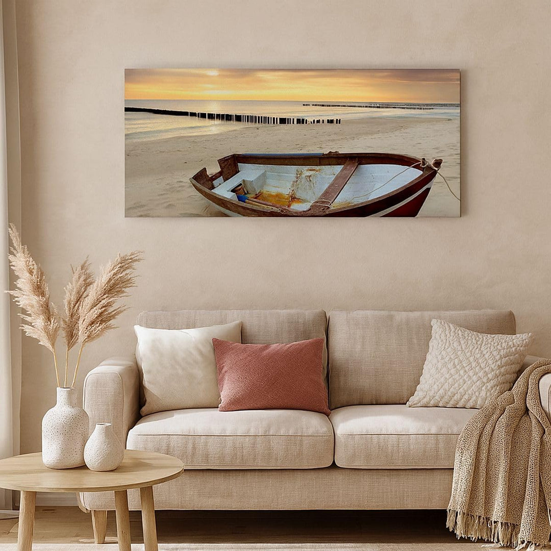 Wandbilder Dekoration Wohnzimmer Strand Boot Ostsee Sommer Panorama Bilder auf Leinwand 120x50cm Lei
